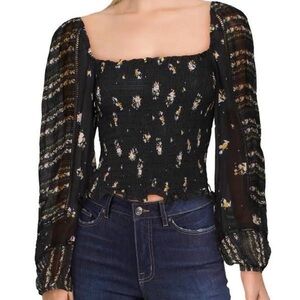 Anthropologie Dolan Pieta Balloon Sleeve Smocked Floral Blouse Large Black